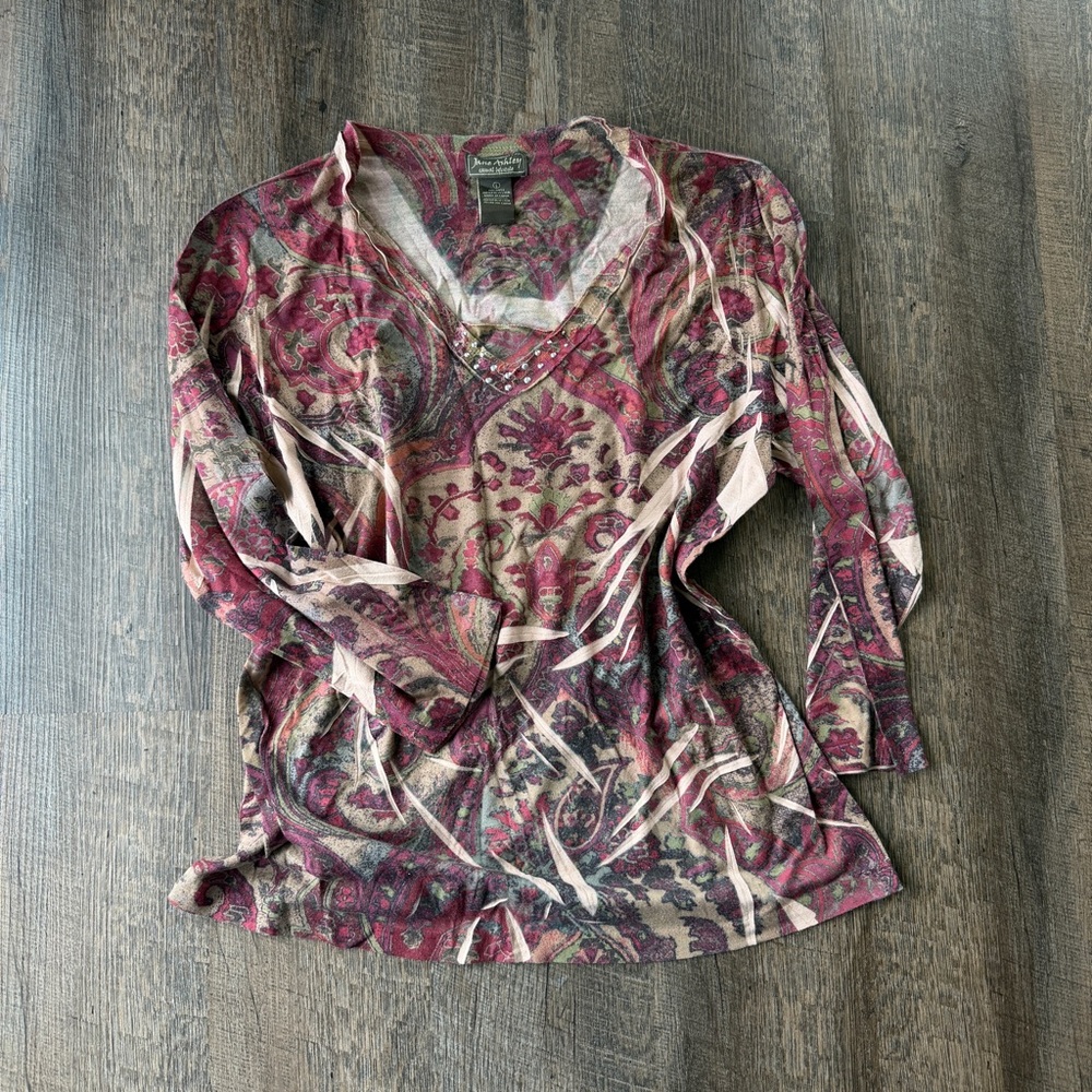 Y2K Jane Ashley Paisley Mesh Top Sheer Boho Festival Long Sleeve Size L